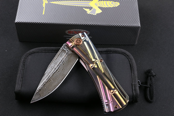 Microtech Choi bamboo Titanium handle American Damascus knife UD402378